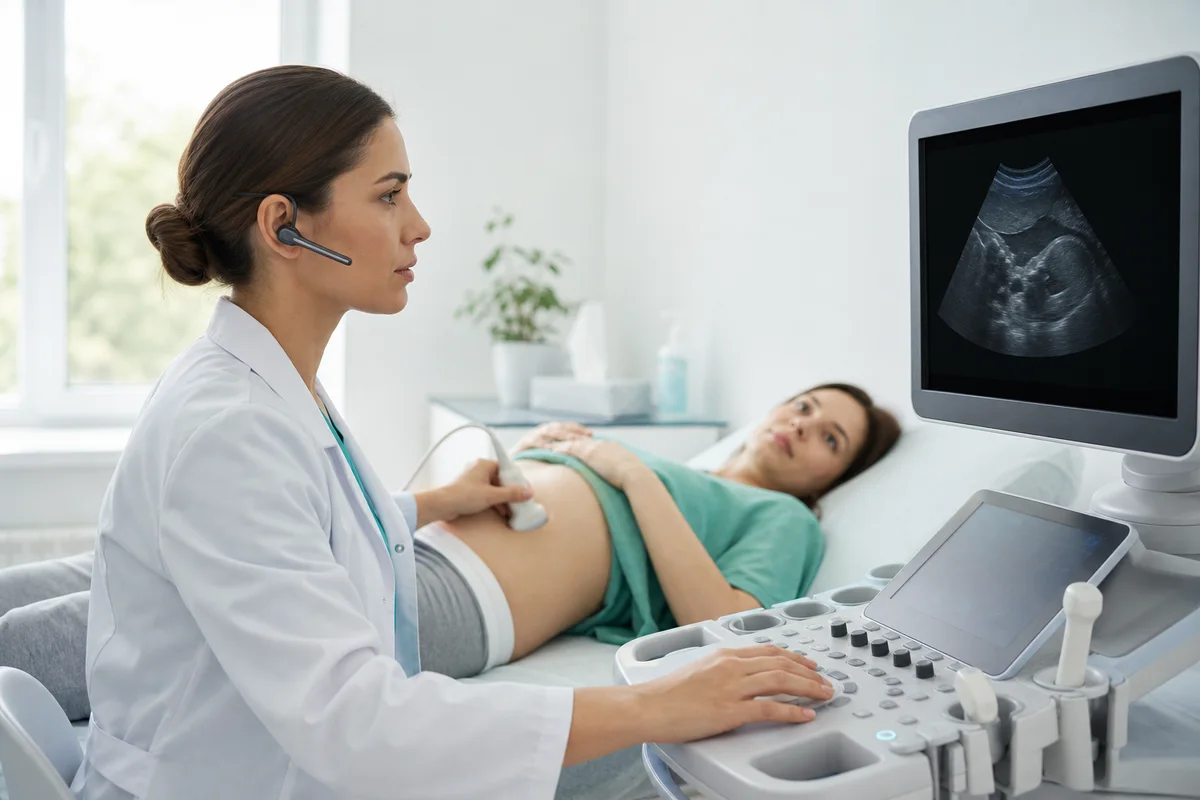 Medic efectuând o examinare ecografică și utilizând o cască profesională pentru dictare